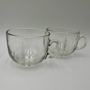 Set of 2 Starbucks 2014 Etched Clear Glass Mug/Coffee Cup Christmas/Pine Trees